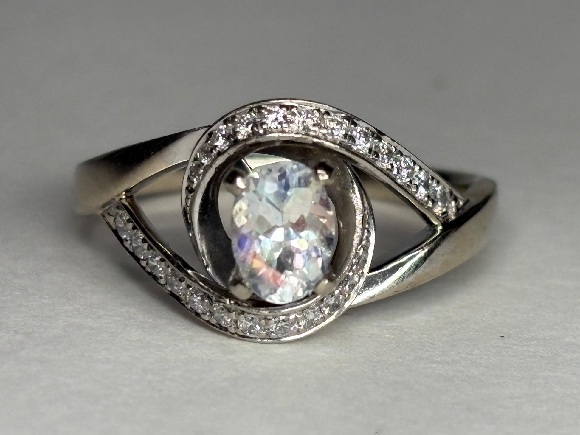 Madagascar Rainbow Moonstone Diamond Bypass Shane Co Ring Solid 14k White Gold size 8.25 - NewLifeJewelryVault
