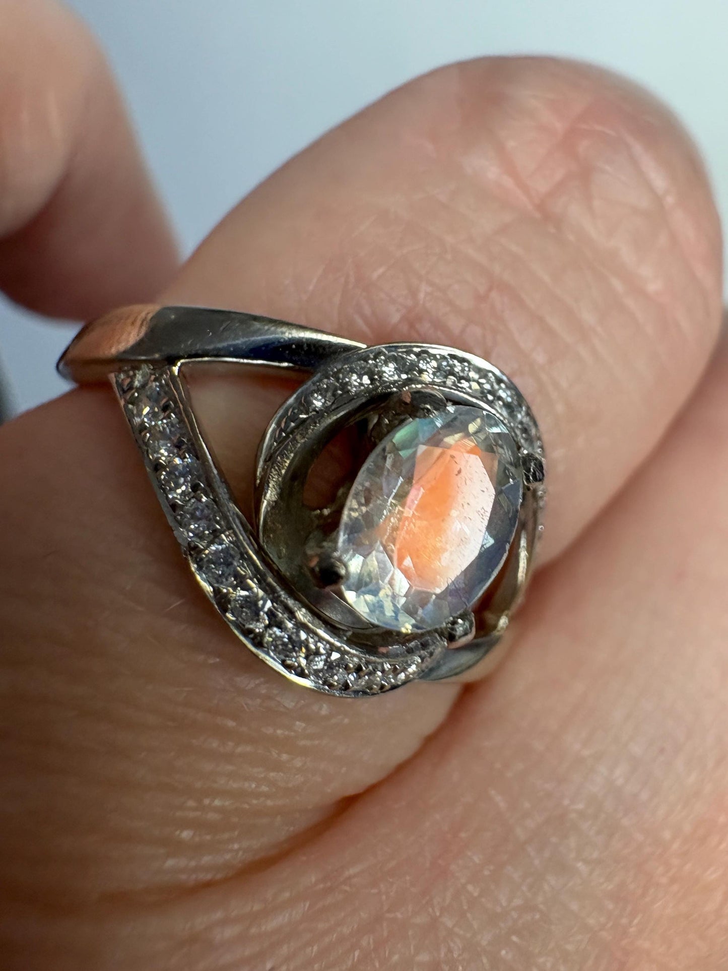 Madagascar Rainbow Moonstone Diamond Bypass Shane Co Ring Solid 14k White Gold size 8.25 - NewLifeJewelryVault