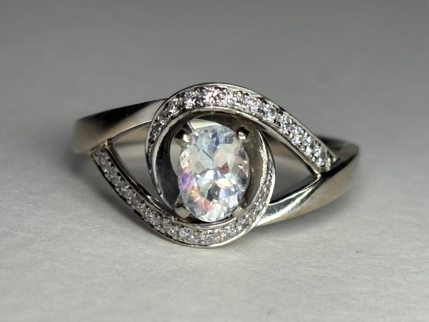 Madagascar Rainbow Moonstone Diamond Bypass Shane Co Ring Solid 14k White Gold size 8.25 - NewLifeJewelryVault