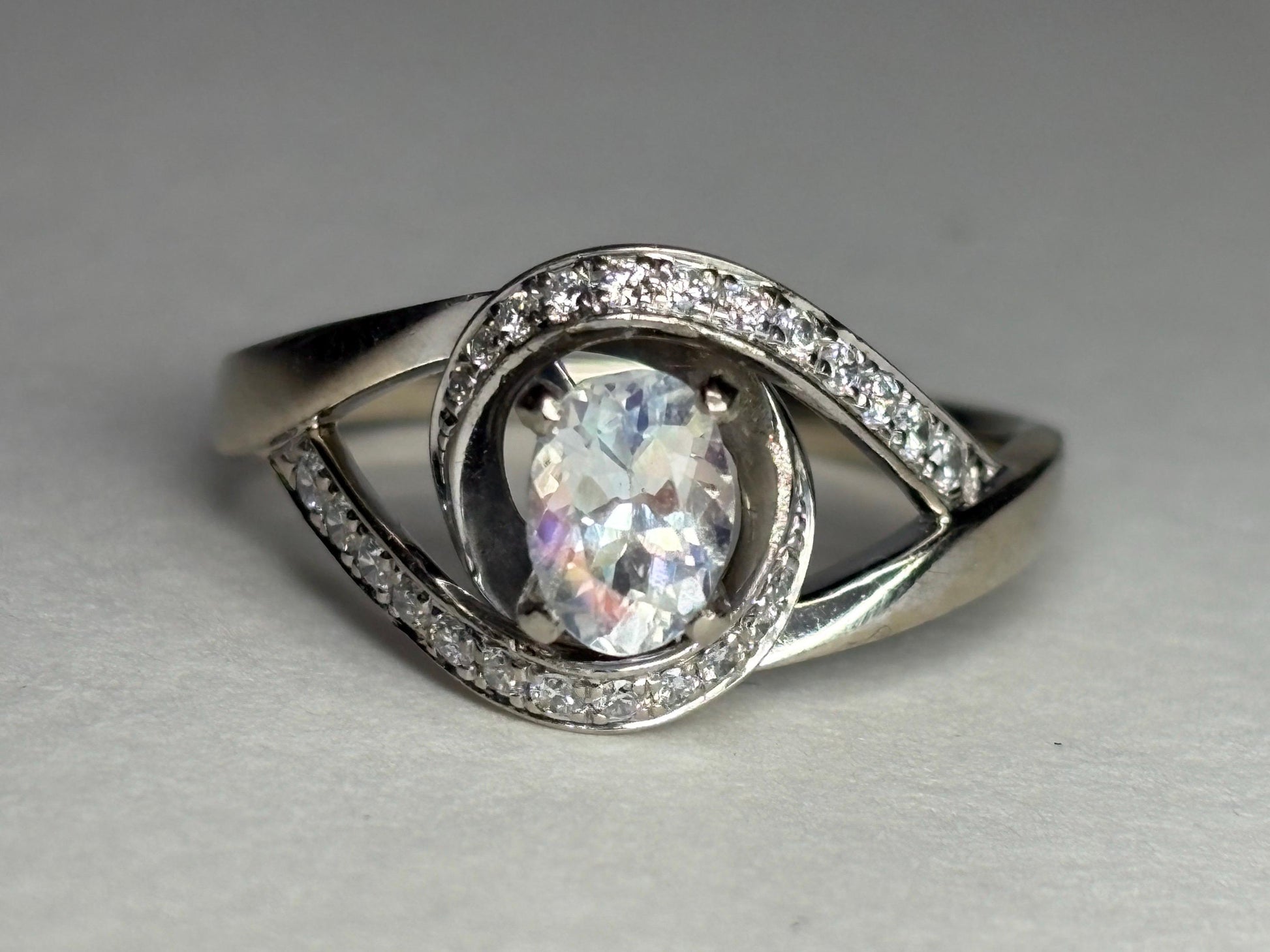 Madagascar Rainbow Moonstone Diamond Bypass Shane Co Ring Solid 14k White Gold size 8.25 - NewLifeJewelryVault
