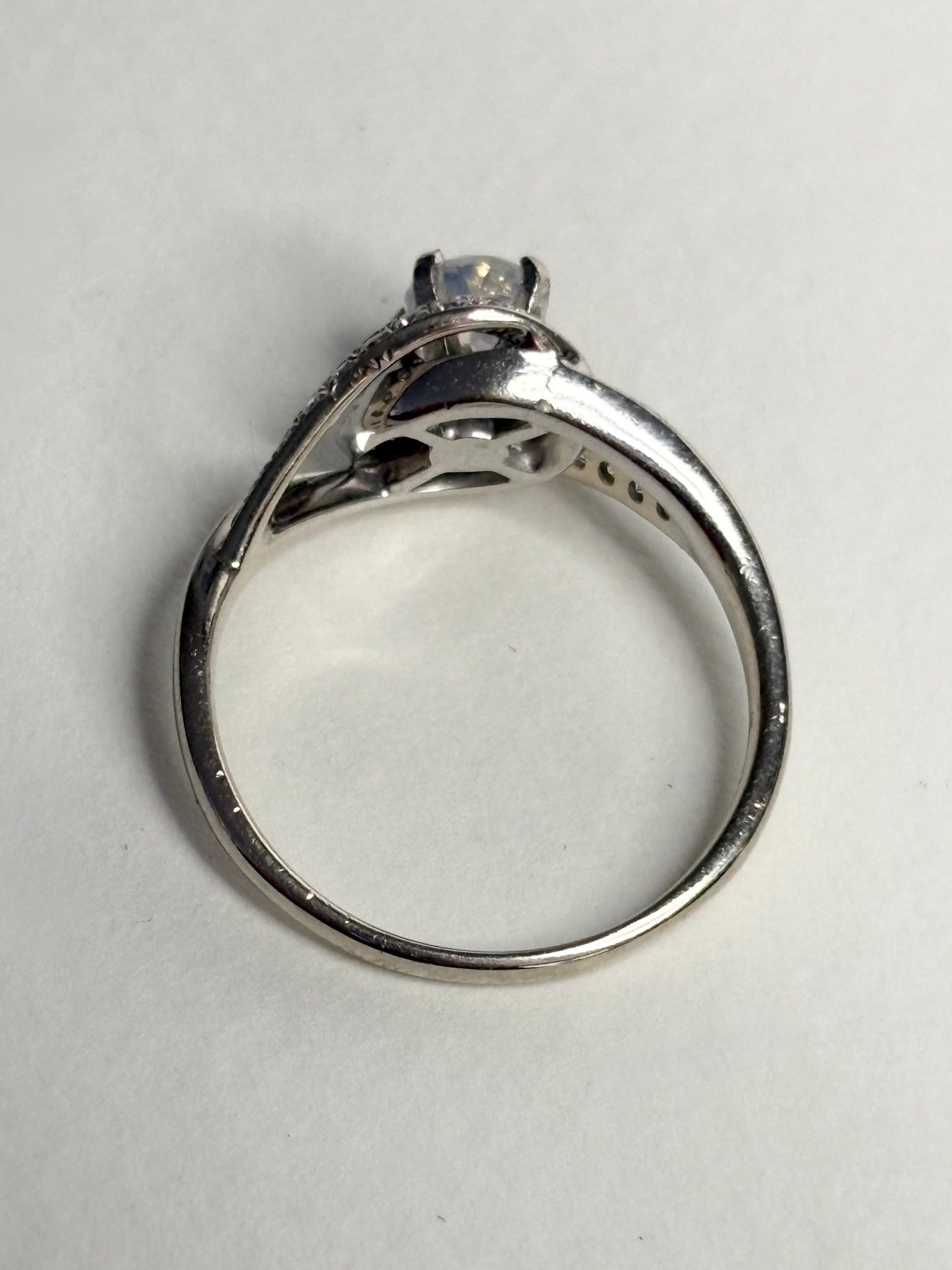 Madagascar Rainbow Moonstone Diamond Bypass Shane Co Ring Solid 14k White Gold size 8.25 - NewLifeJewelryVault