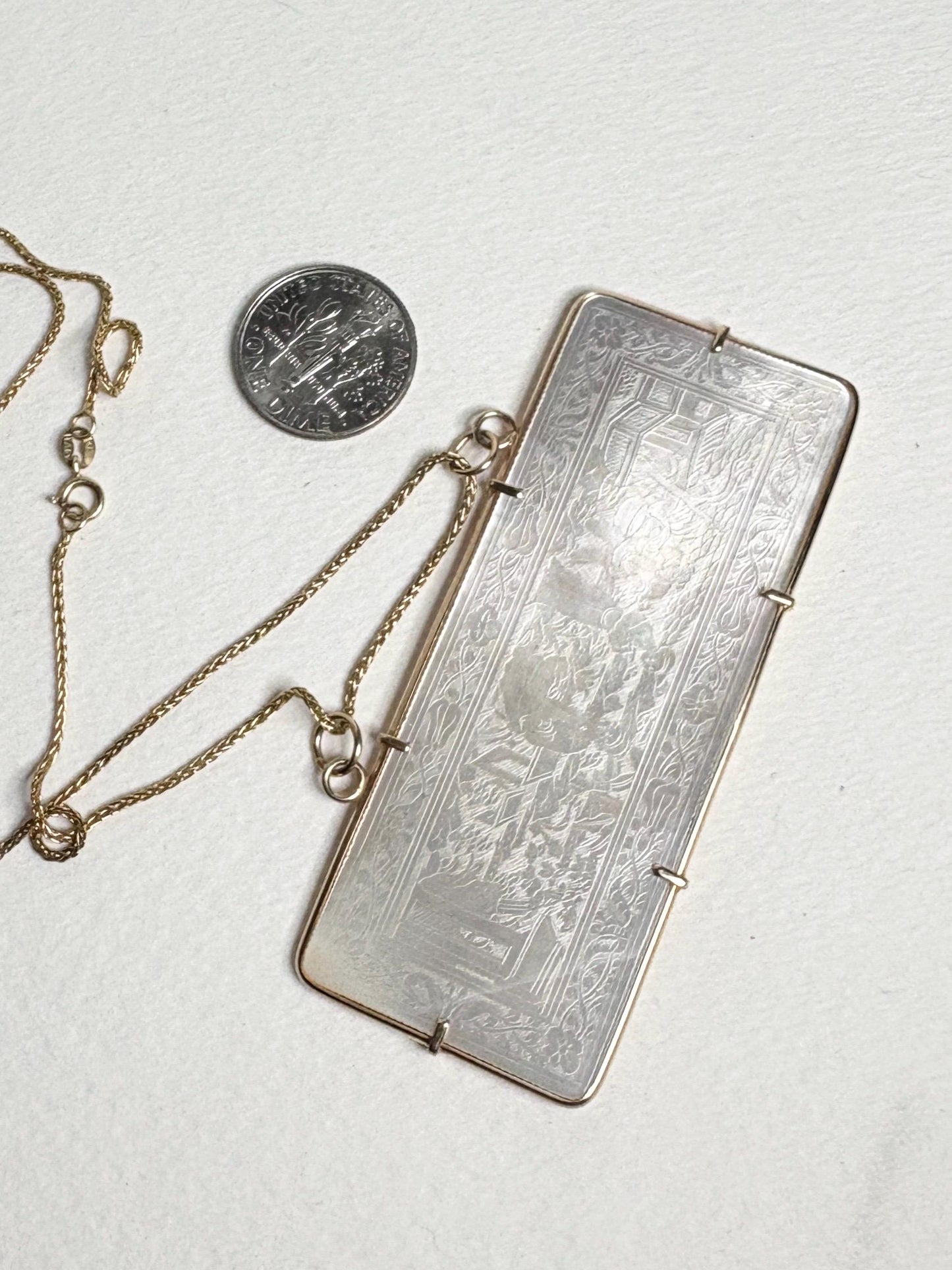 Antique Chinese Gaming Counter Mother of Pearl Bold Pendant Necklace Solid 14k 20" PLEASE READ - NewLifeJewelryVault