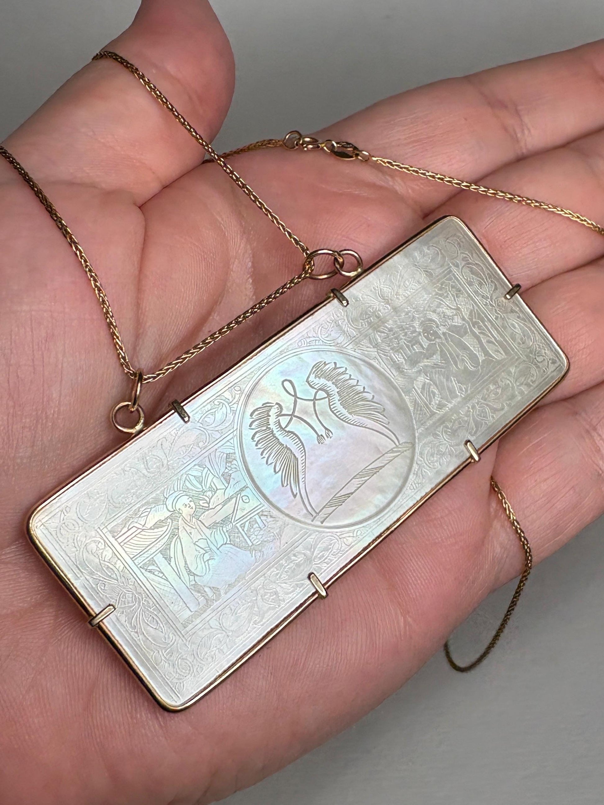 Antique Chinese Gaming Counter Mother of Pearl Bold Pendant Necklace Solid 14k 20" PLEASE READ - NewLifeJewelryVault