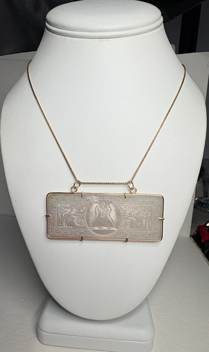 Antique Chinese Gaming Counter Mother of Pearl Bold Pendant Necklace Solid 14k 20" PLEASE READ - NewLifeJewelryVault