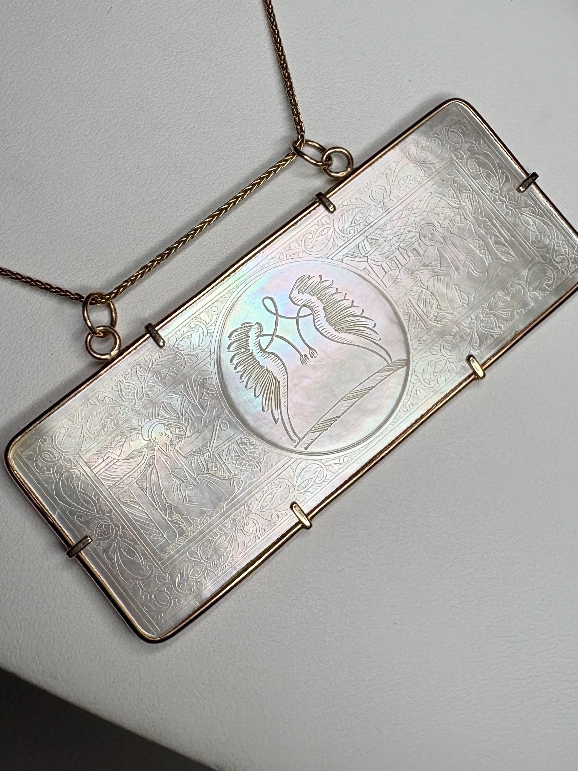 Antique Chinese Gaming Counter Mother of Pearl Bold Pendant Necklace Solid 14k 20" PLEASE READ - NewLifeJewelryVault