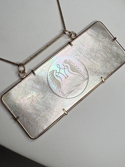Antique Chinese Gaming Counter Mother of Pearl Bold Pendant Necklace Solid 14k 20" PLEASE READ - NewLifeJewelryVault