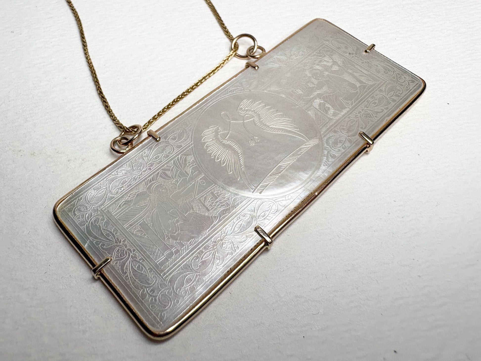 Antique Chinese Gaming Counter Mother of Pearl Bold Pendant Necklace Solid 14k 20" PLEASE READ - NewLifeJewelryVault