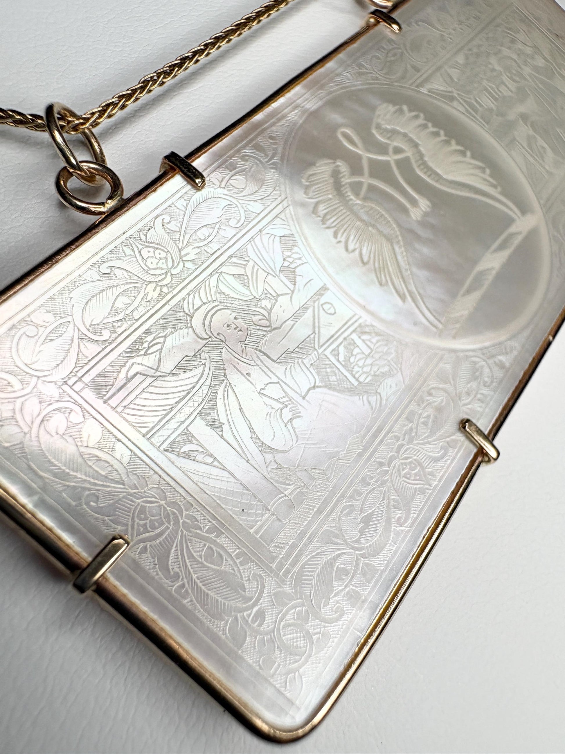 Antique Chinese Gaming Counter Mother of Pearl Bold Pendant Necklace Solid 14k 20" PLEASE READ - NewLifeJewelryVault