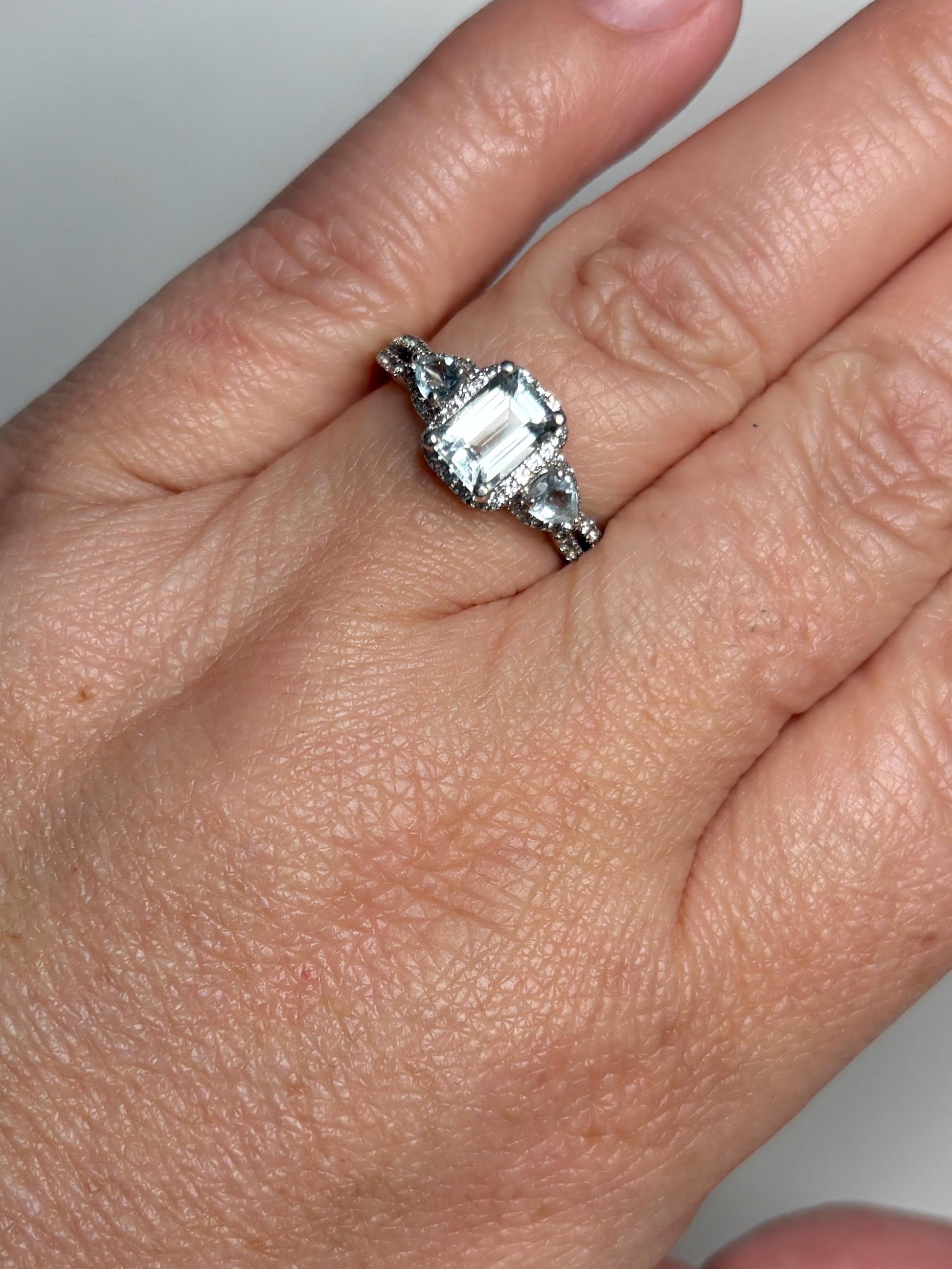 Aquamarine and White Zircon Halo 3 Stone Ring in Sterling Silver size 7 - NewLifeJewelryVault