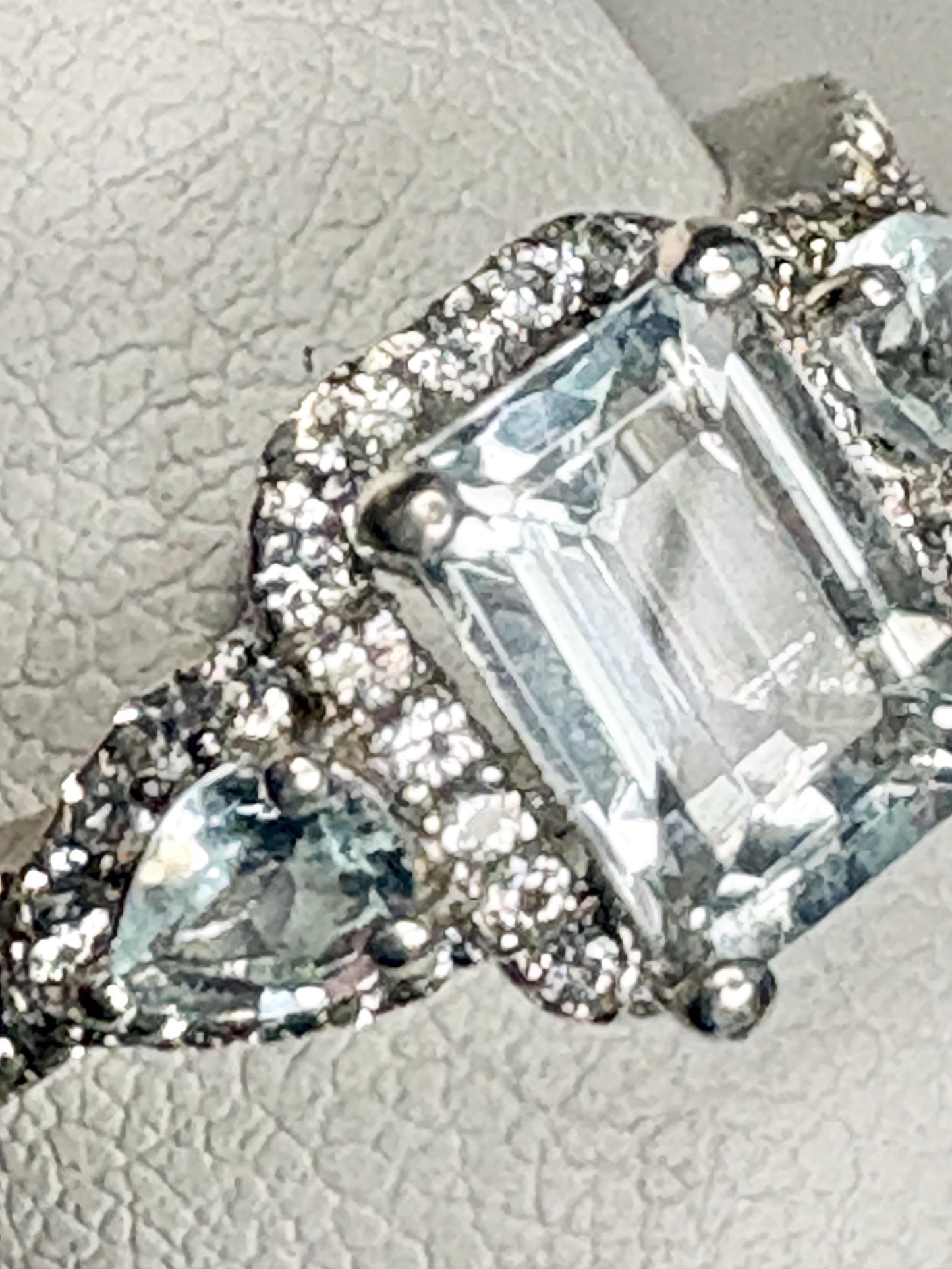 Aquamarine and White Zircon Halo 3 Stone Ring in Sterling Silver size 7 - NewLifeJewelryVault