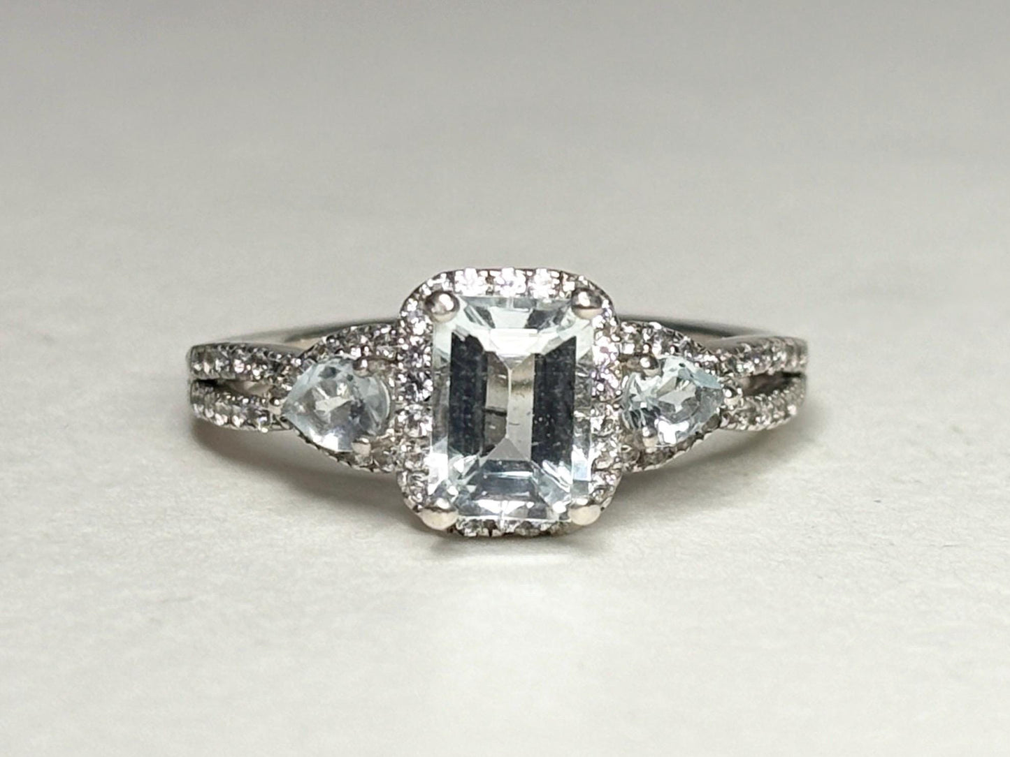 Aquamarine and White Zircon Halo 3 Stone Ring in Sterling Silver size 7 - NewLifeJewelryVault