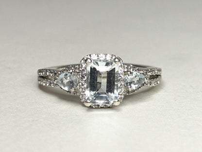 Aquamarine and White Zircon Halo 3 Stone Ring in Sterling Silver size 7 - NewLifeJewelryVault