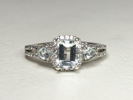 Aquamarine and White Zircon Halo 3 Stone Ring in Sterling Silver size 7 - NewLifeJewelryVault