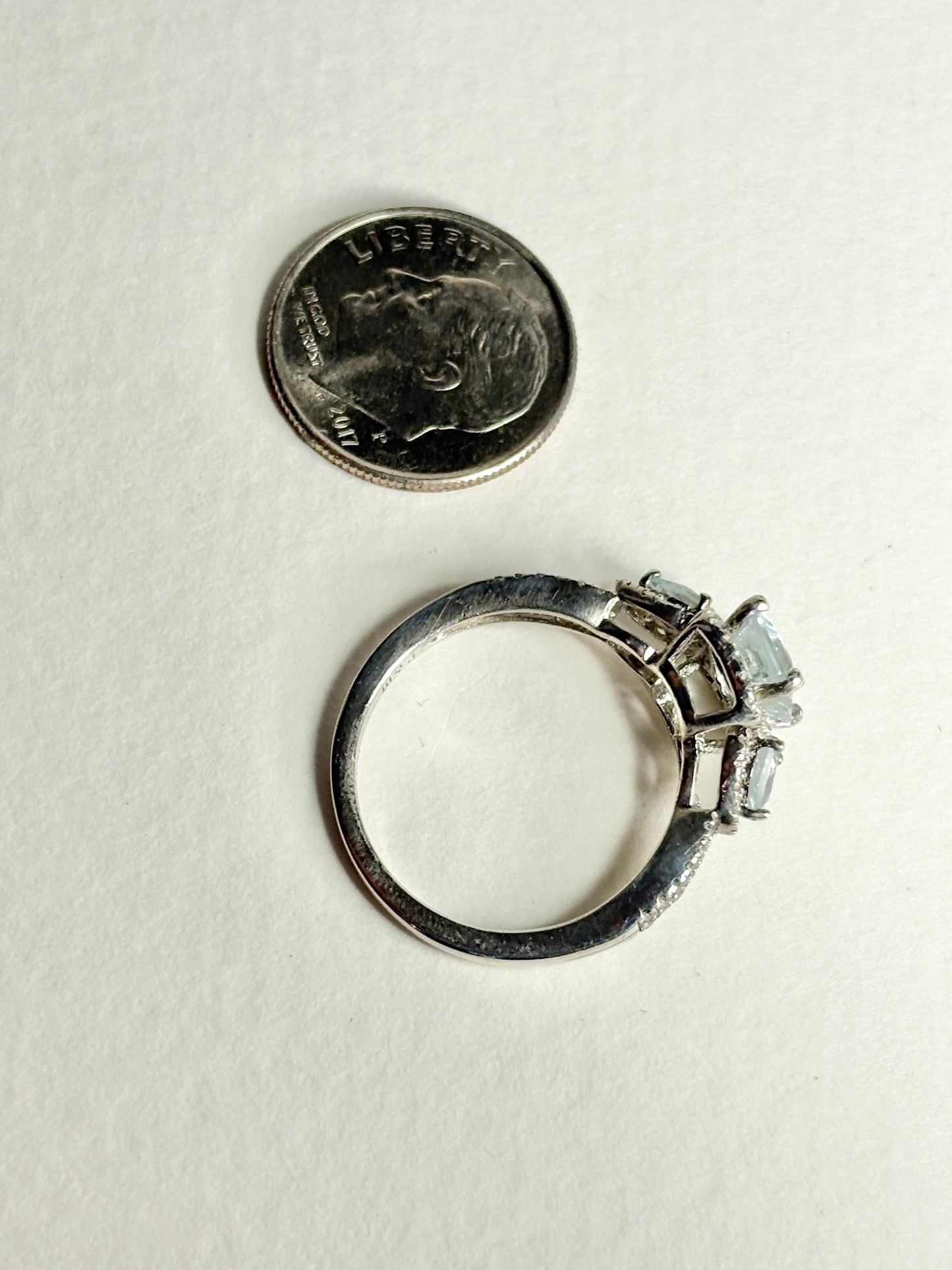 Aquamarine and White Zircon Halo 3 Stone Ring in Sterling Silver size 7 - NewLifeJewelryVault