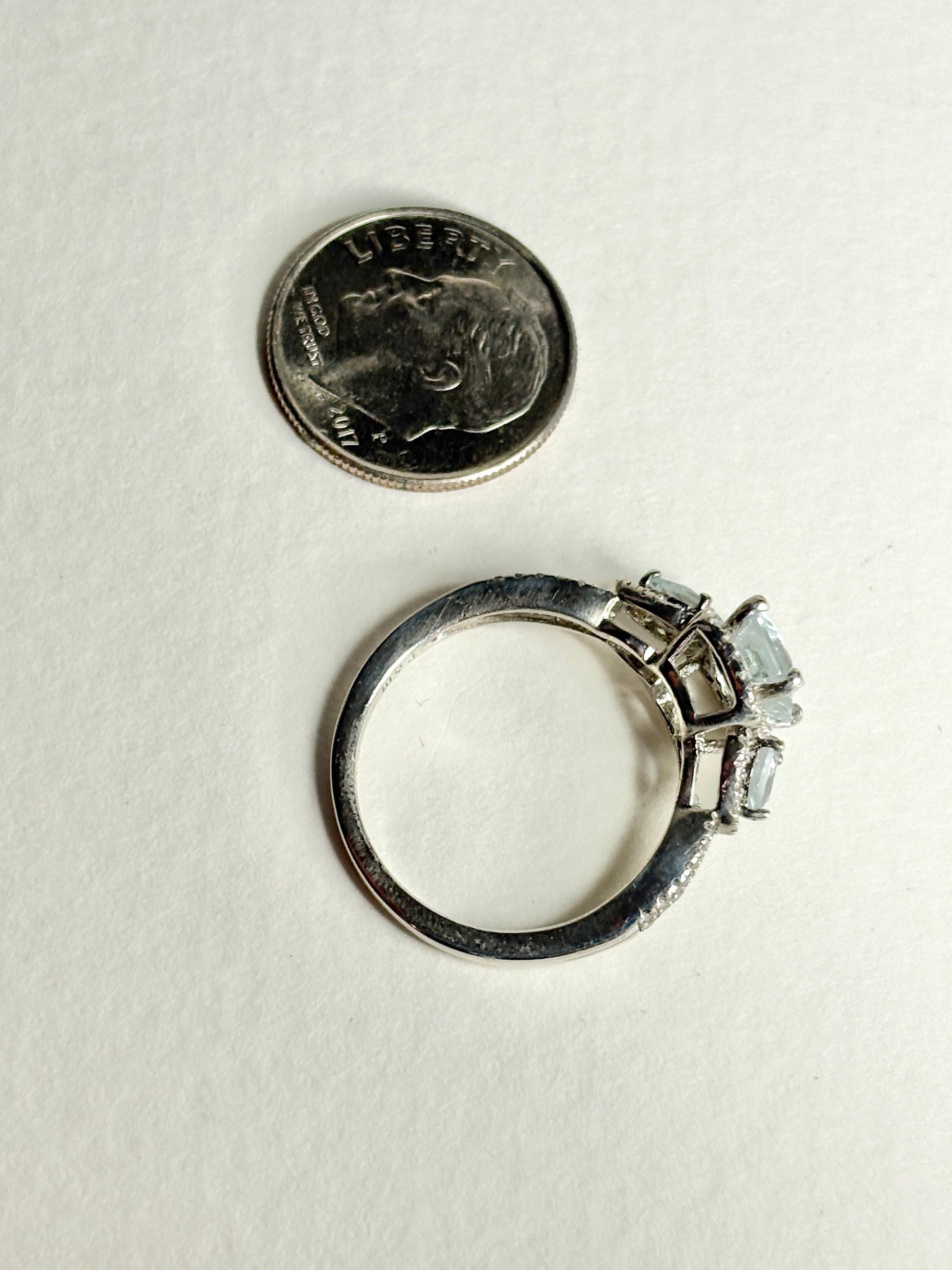 Aquamarine and White Zircon Halo 3 Stone Ring in Sterling Silver size 7 - NewLifeJewelryVault