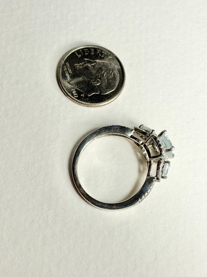 Aquamarine and White Zircon Halo 3 Stone Ring in Sterling Silver size 7 - NewLifeJewelryVault
