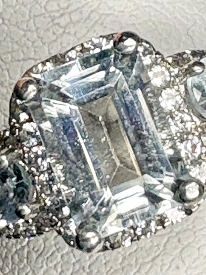 Aquamarine and White Zircon Halo 3 Stone Ring in Sterling Silver size 7 - NewLifeJewelryVault