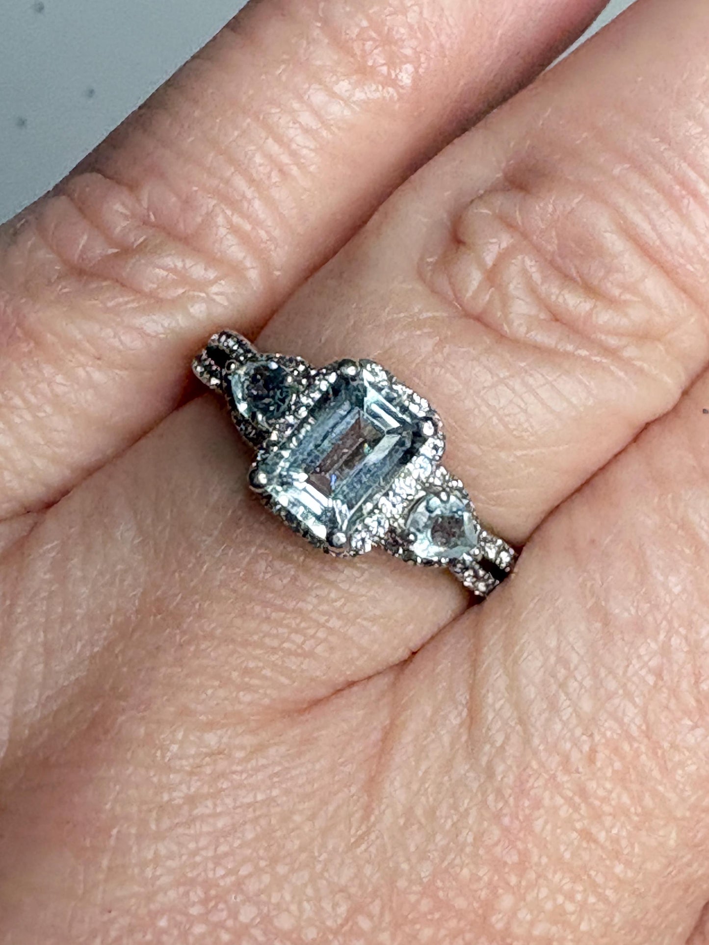 Aquamarine and White Zircon Halo 3 Stone Ring in Sterling Silver size 7 - NewLifeJewelryVault