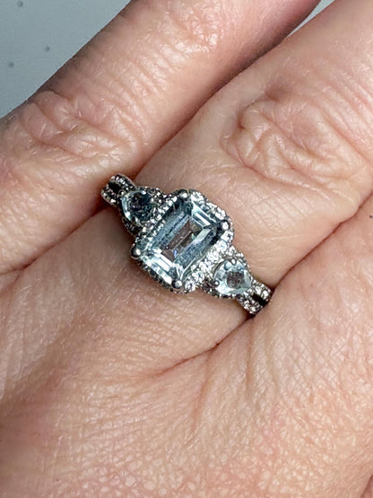 Aquamarine and White Zircon Halo 3 Stone Ring in Sterling Silver size 7 - NewLifeJewelryVault