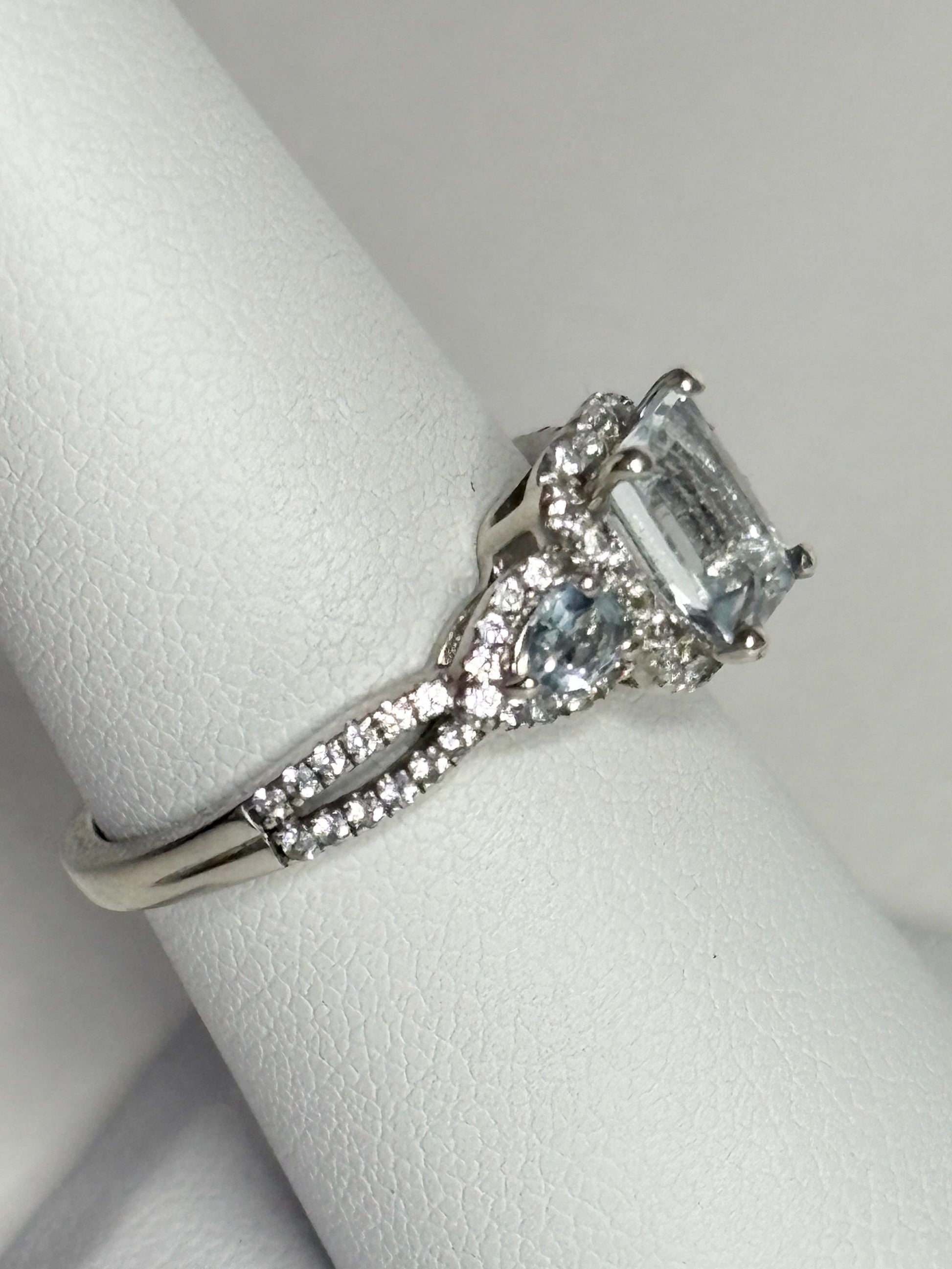 Aquamarine and White Zircon Halo 3 Stone Ring in Sterling Silver size 7 - NewLifeJewelryVault