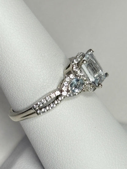 Aquamarine and White Zircon Halo 3 Stone Ring in Sterling Silver size 7 - NewLifeJewelryVault