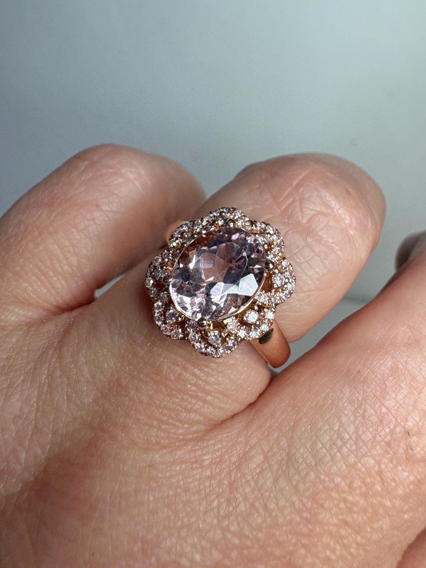 Morganite and Natural Pink Diamond Ring Solid 14k Rose Gold size 6.75 - NewLifeJewelryVault