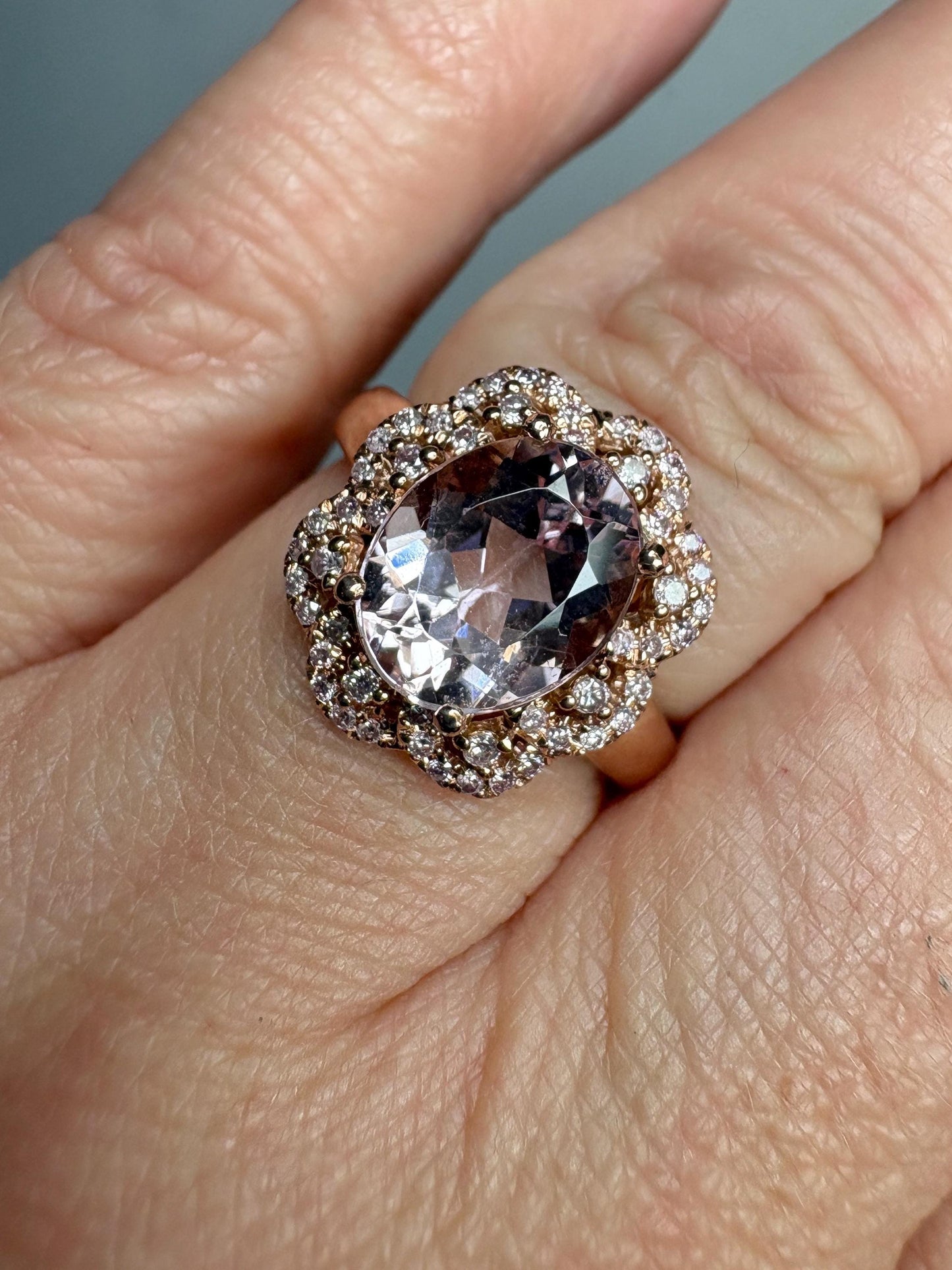 Morganite and Natural Pink Diamond Ring Solid 14k Rose Gold size 6.75 - NewLifeJewelryVault