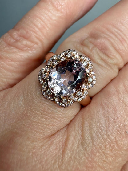 Morganite and Natural Pink Diamond Ring Solid 14k Rose Gold size 6.75 - NewLifeJewelryVault