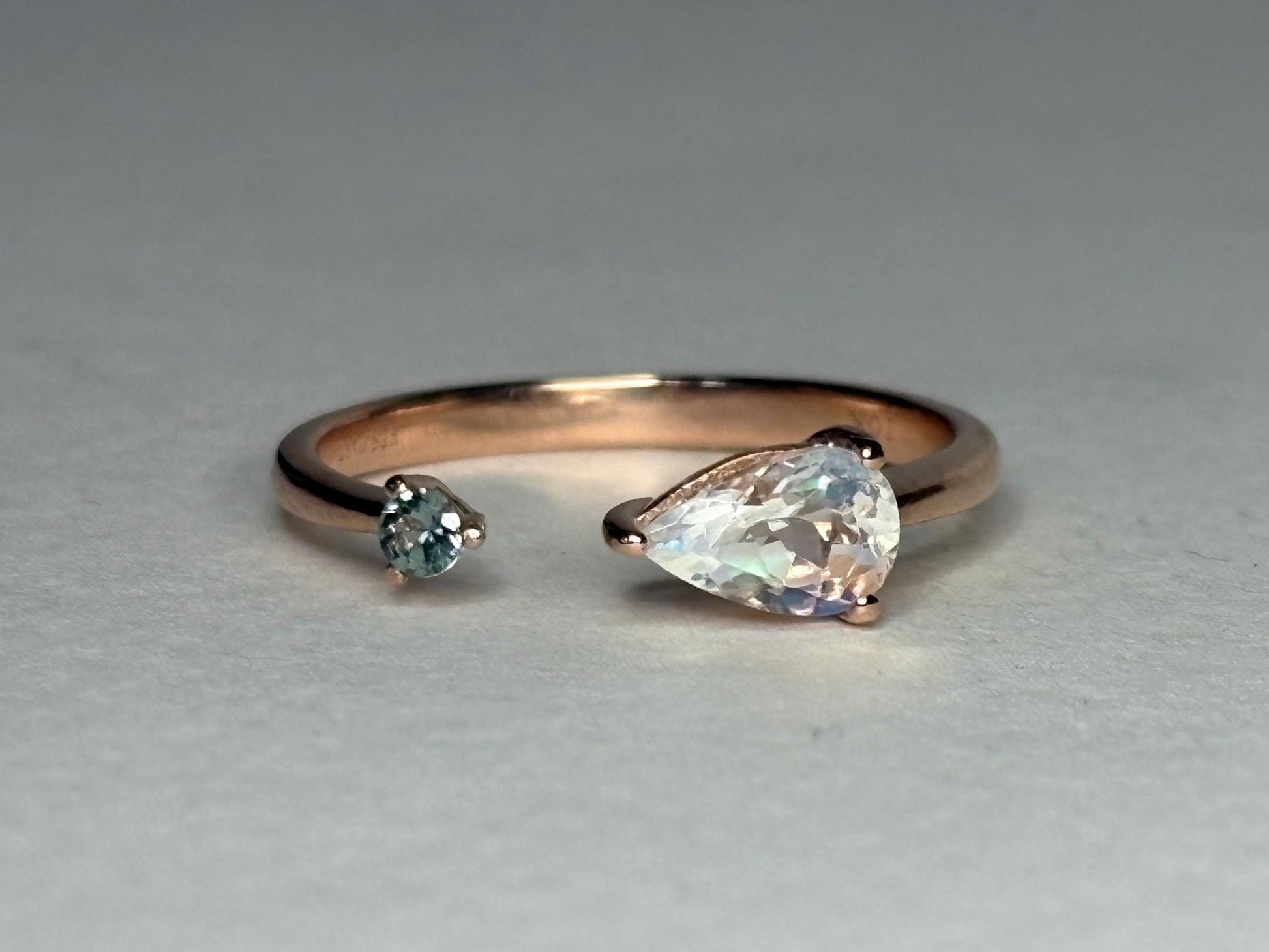 Madagascar Rainbow Moonstone and Color Change Garnet Open Ring 10k Rose Gold size 6.75 - NewLifeJewelryVault