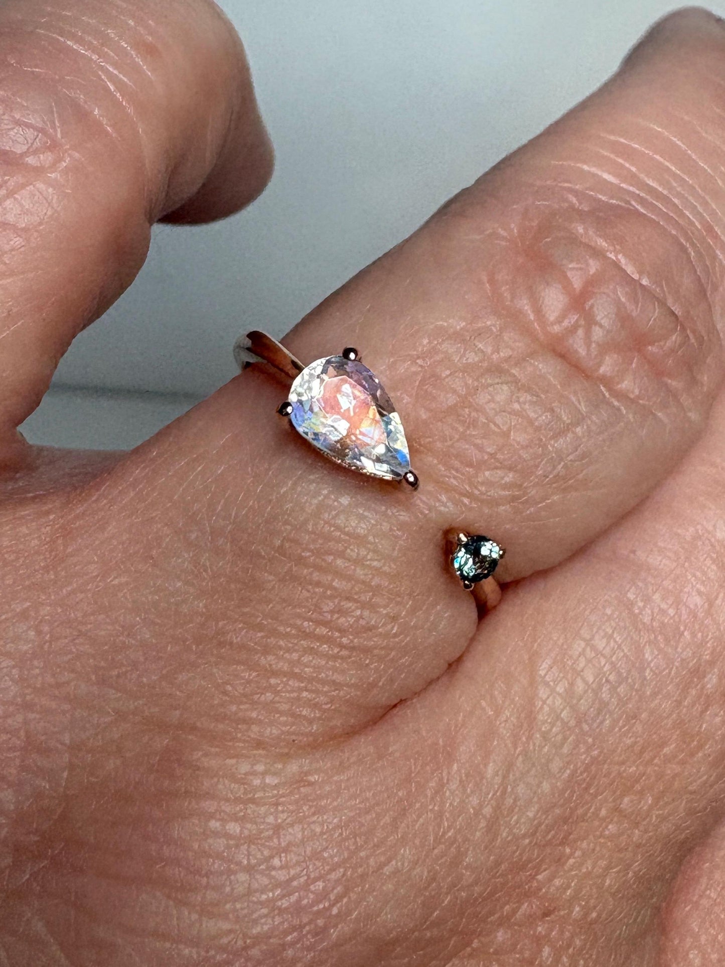 Madagascar Rainbow Moonstone and Color Change Garnet Open Ring 10k Rose Gold size 6.75 - NewLifeJewelryVault
