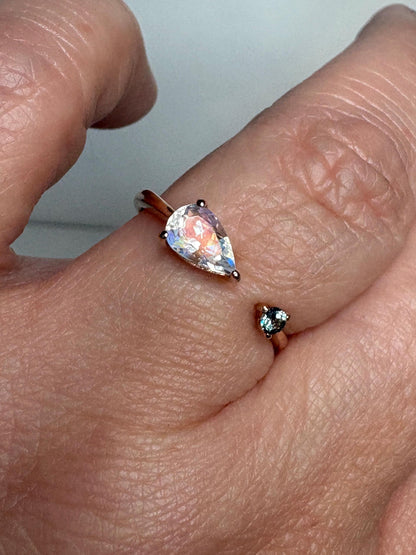 Madagascar Rainbow Moonstone and Color Change Garnet Open Ring 10k Rose Gold size 6.75 - NewLifeJewelryVault