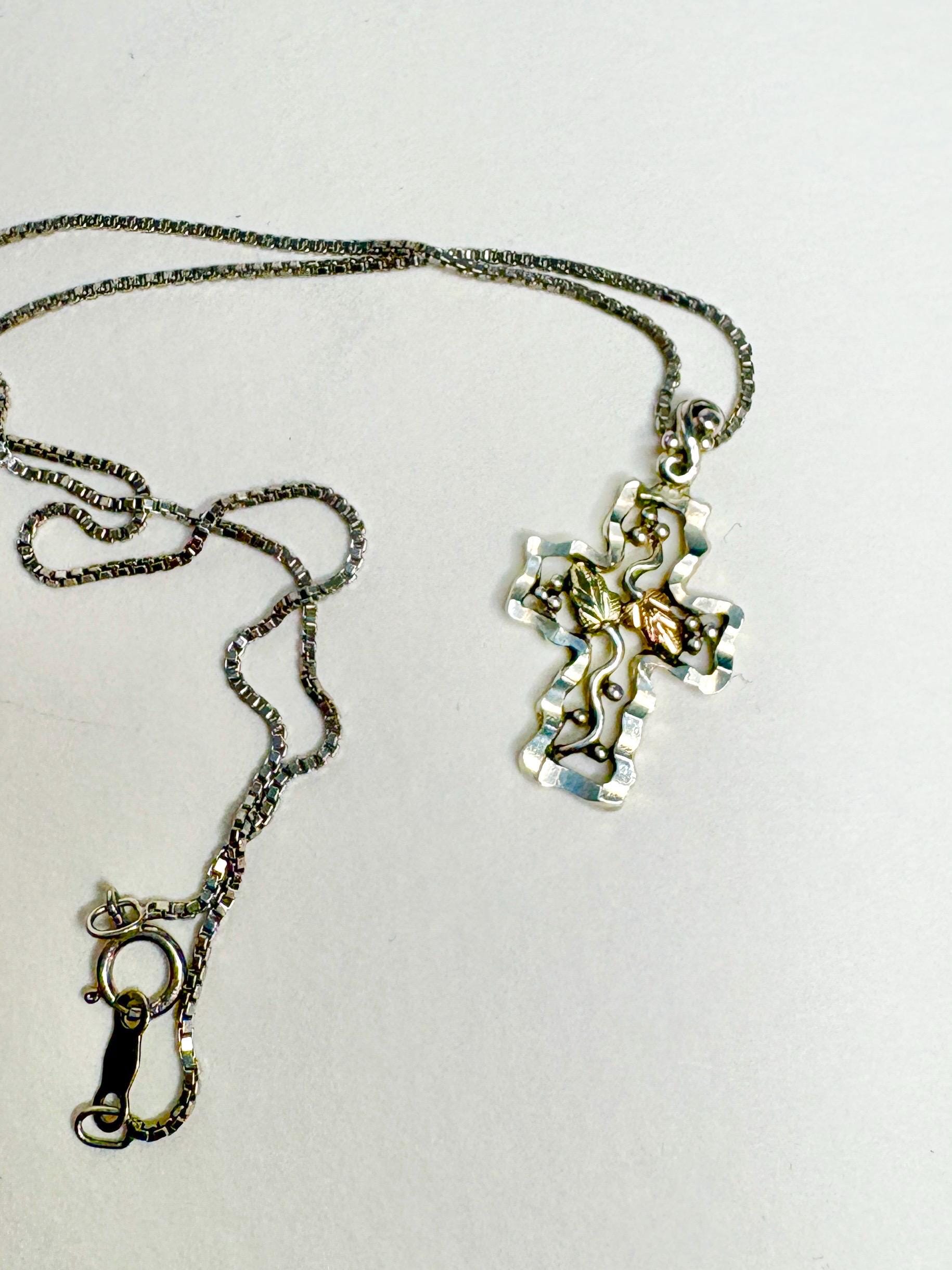 Vintage Black Hills Gold Cross Pendant Necklace Sterling Silver 12k Gold 19" - NewLifeJewelryVault