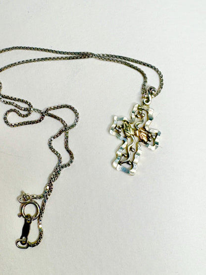 Vintage Black Hills Gold Cross Pendant Necklace Sterling Silver 12k Gold 19" - NewLifeJewelryVault