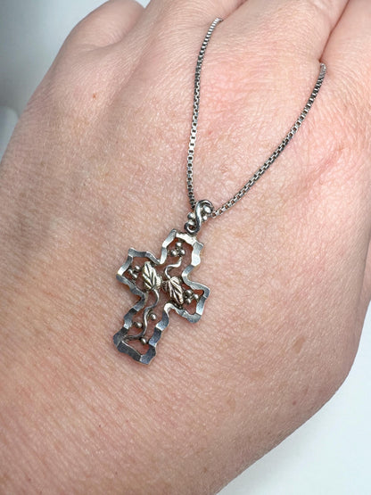 Vintage Black Hills Gold Cross Pendant Necklace Sterling Silver 12k Gold 19" - NewLifeJewelryVault