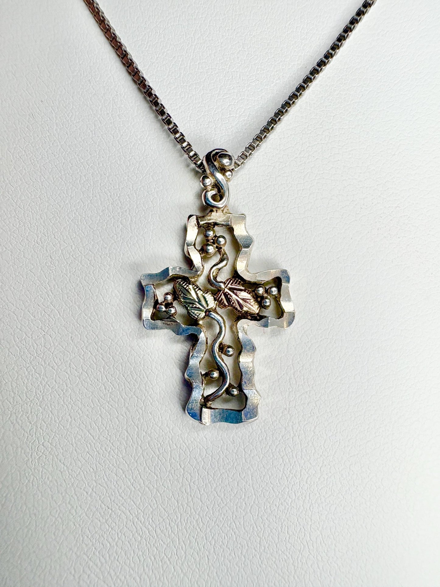 Vintage Black Hills Gold Cross Pendant Necklace Sterling Silver 12k Gold 19" - NewLifeJewelryVault