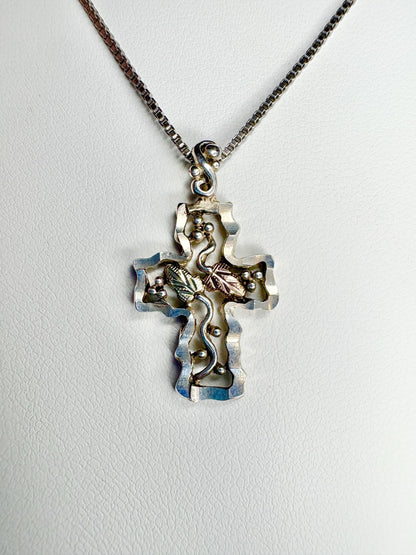Vintage Black Hills Gold Cross Pendant Necklace Sterling Silver 12k Gold 19" - NewLifeJewelryVault