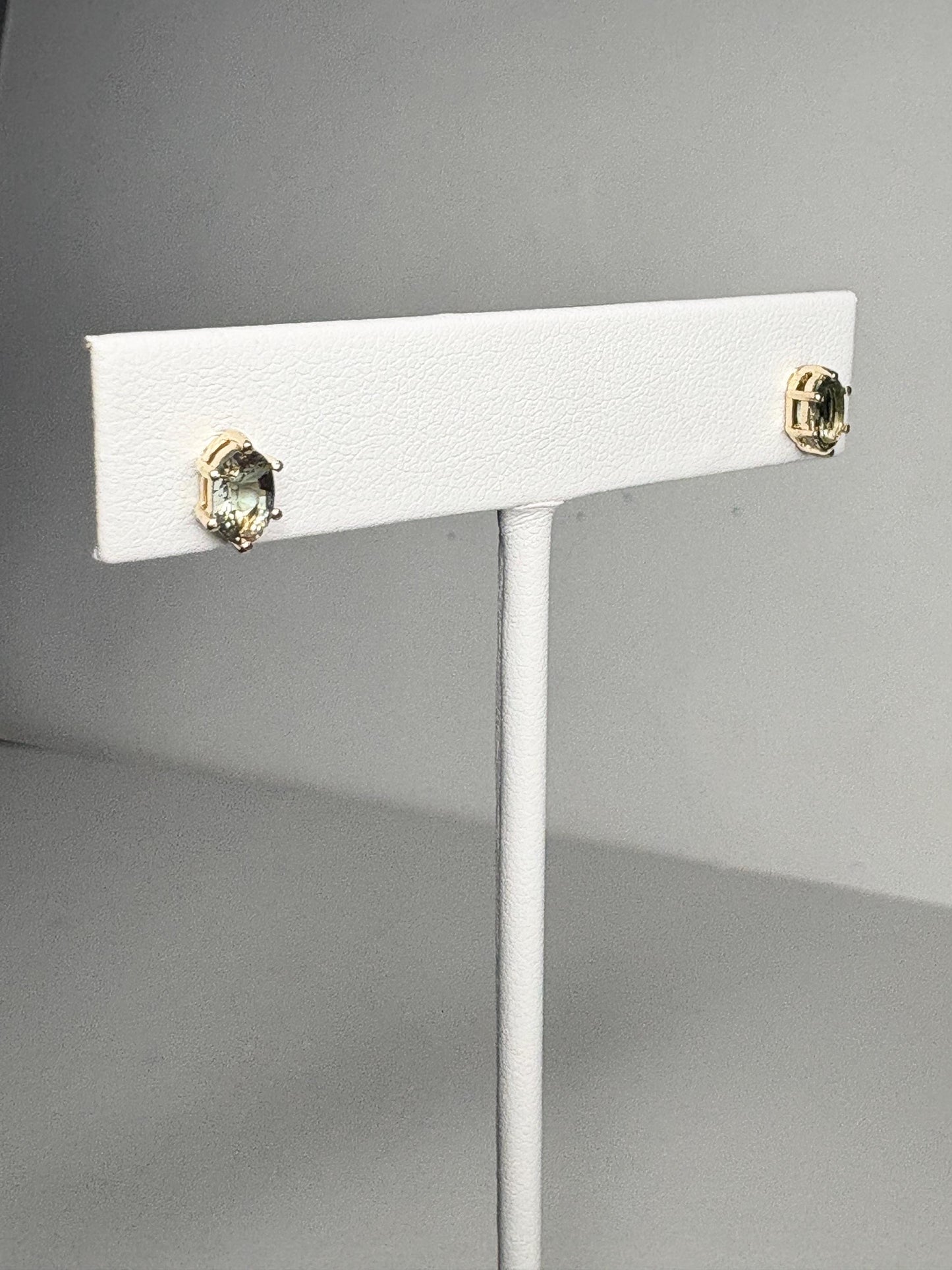 Teal Green Oregon Sunstone Stud Earrings Oval 9k Gold 6x4mm - NewLifeJewelryVault