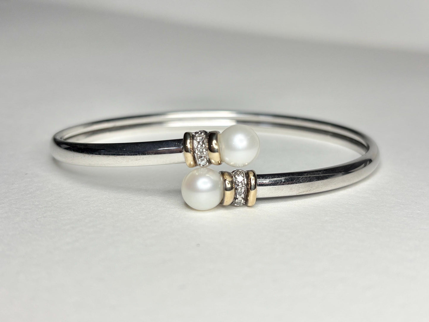 Cultured Pearl and Diamond Memory Wire Bracelet in Sterling Silver with 14k size M - NewLifeJewelryVault