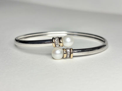 Cultured Pearl and Diamond Memory Wire Bracelet in Sterling Silver with 14k size M - NewLifeJewelryVault