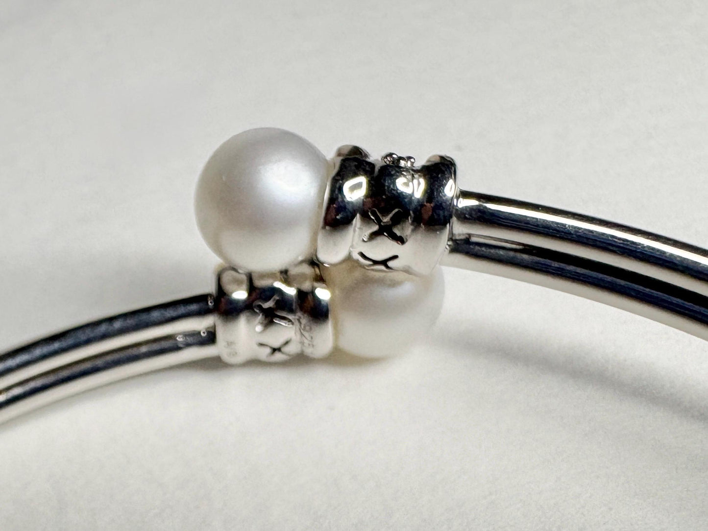 Cultured Pearl and Diamond Memory Wire Bracelet in Sterling Silver with 14k size M - NewLifeJewelryVault