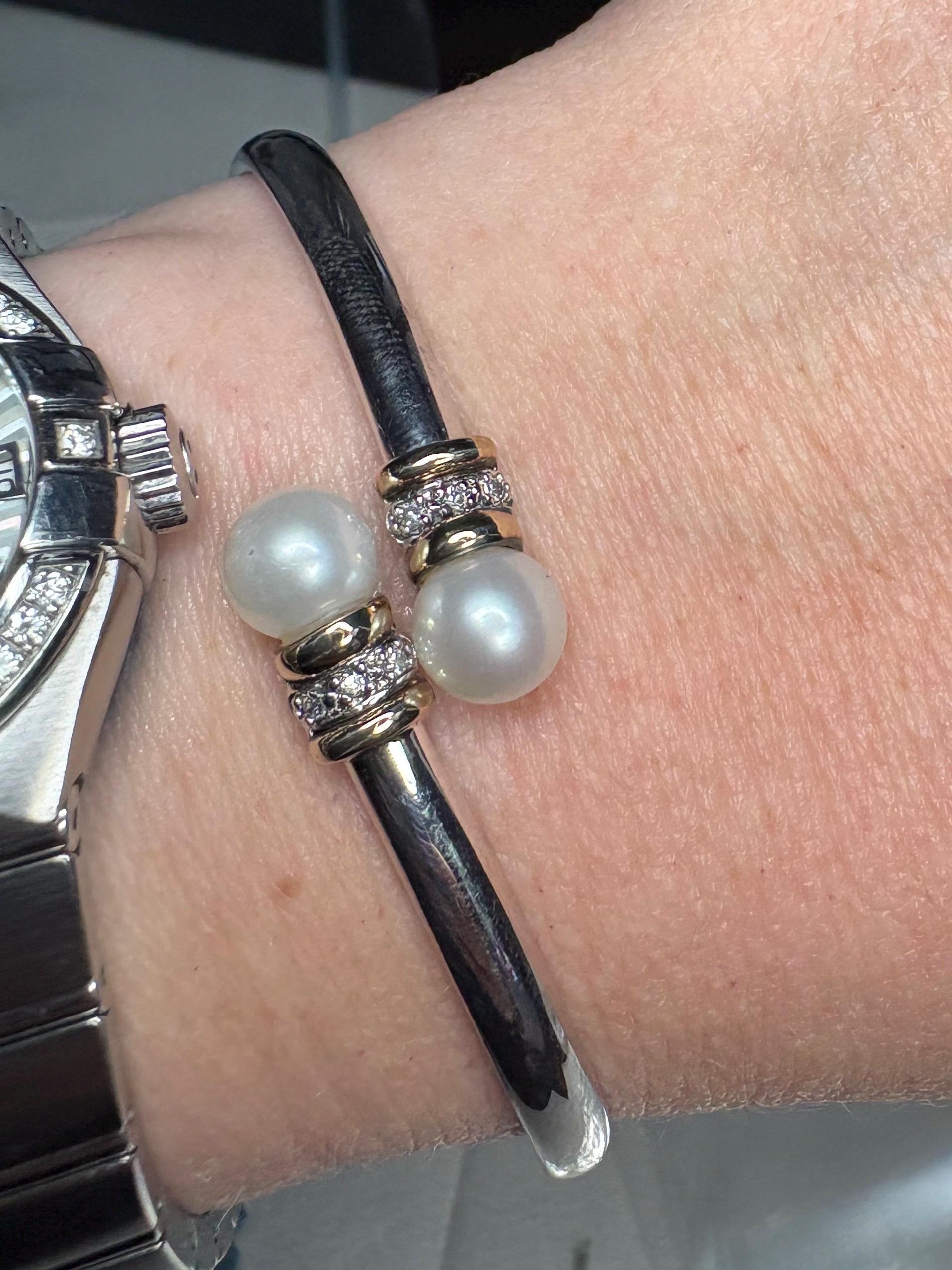Cultured Pearl and Diamond Memory Wire Bracelet in Sterling Silver with 14k size M - NewLifeJewelryVault