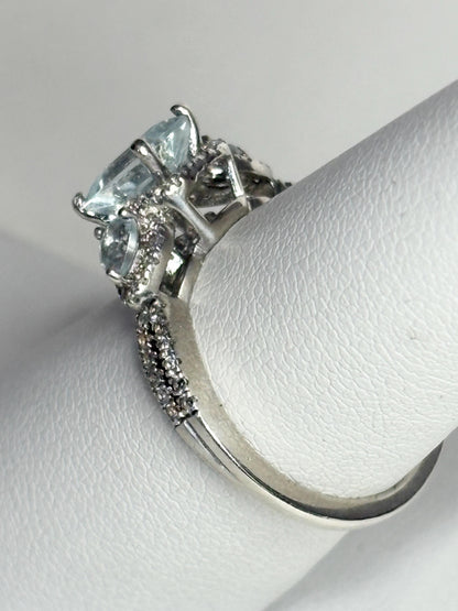 Aquamarine and White Zircon Halo 3 Stone Ring in Sterling Silver size 7 - NewLifeJewelryVault
