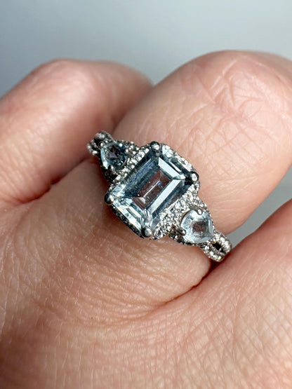 Aquamarine and White Zircon Halo 3 Stone Ring in Sterling Silver size 7 - NewLifeJewelryVault