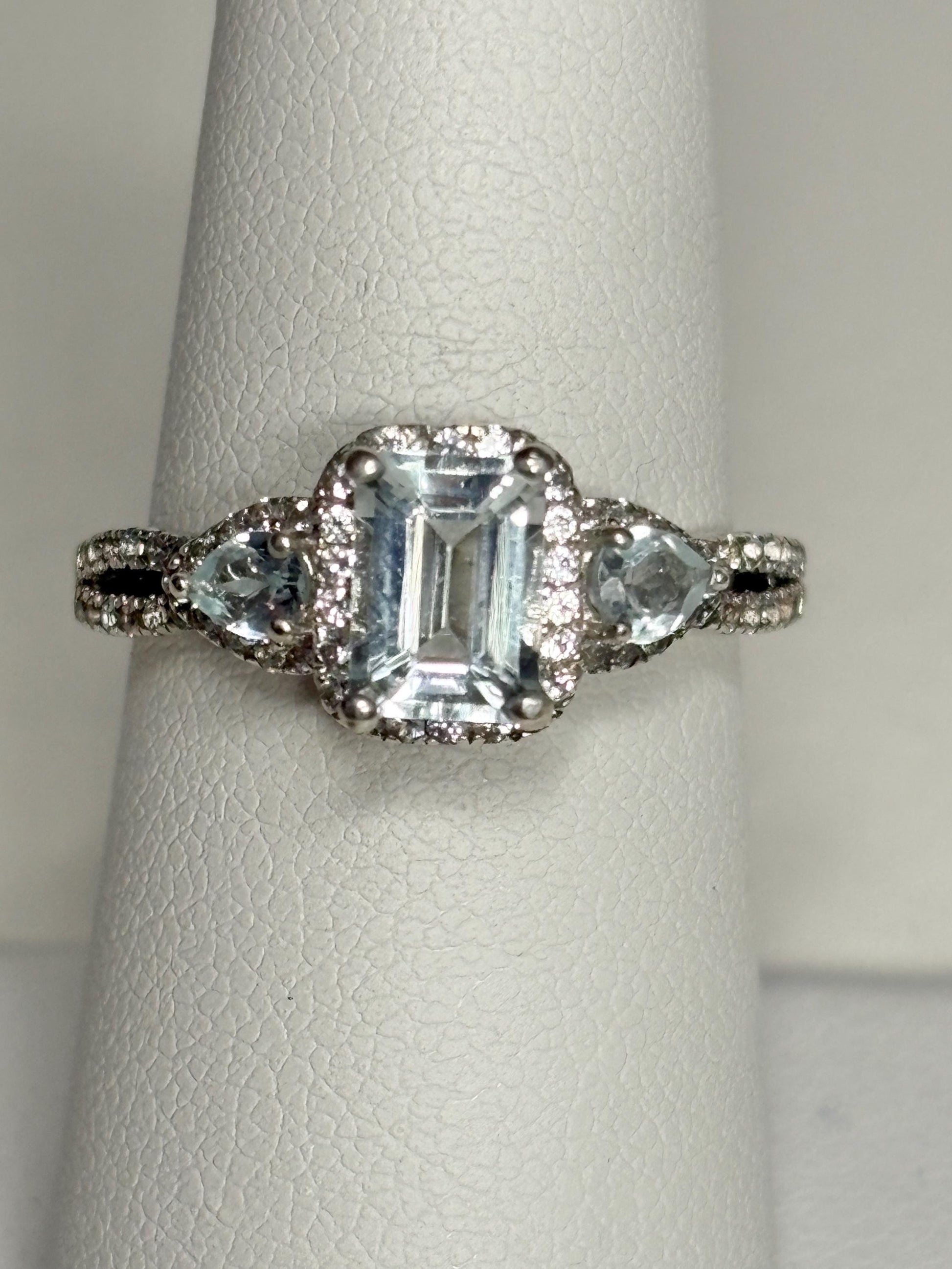 Aquamarine and White Zircon Halo 3 Stone Ring in Sterling Silver size 7 - NewLifeJewelryVault
