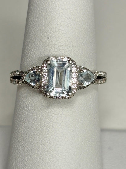 Aquamarine and White Zircon Halo 3 Stone Ring in Sterling Silver size 7 - NewLifeJewelryVault