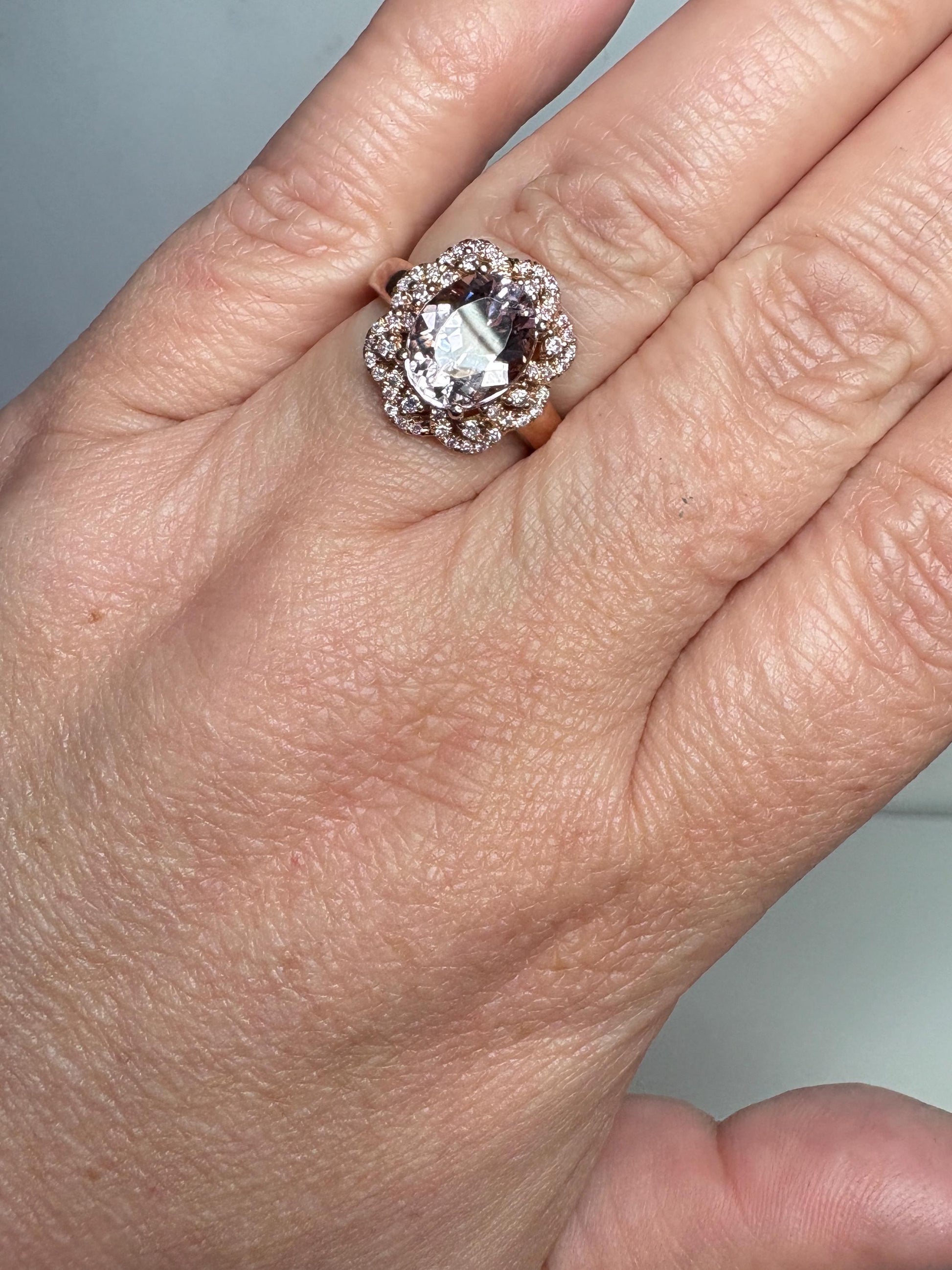 Morganite and Natural Pink Diamond Ring Solid 14k Rose Gold size 6.75 - NewLifeJewelryVault