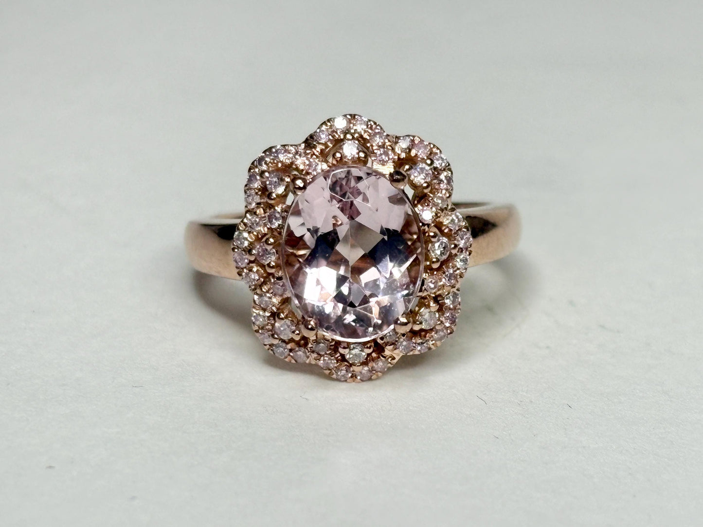 Morganite and Natural Pink Diamond Ring Solid 14k Rose Gold size 6.75 - NewLifeJewelryVault