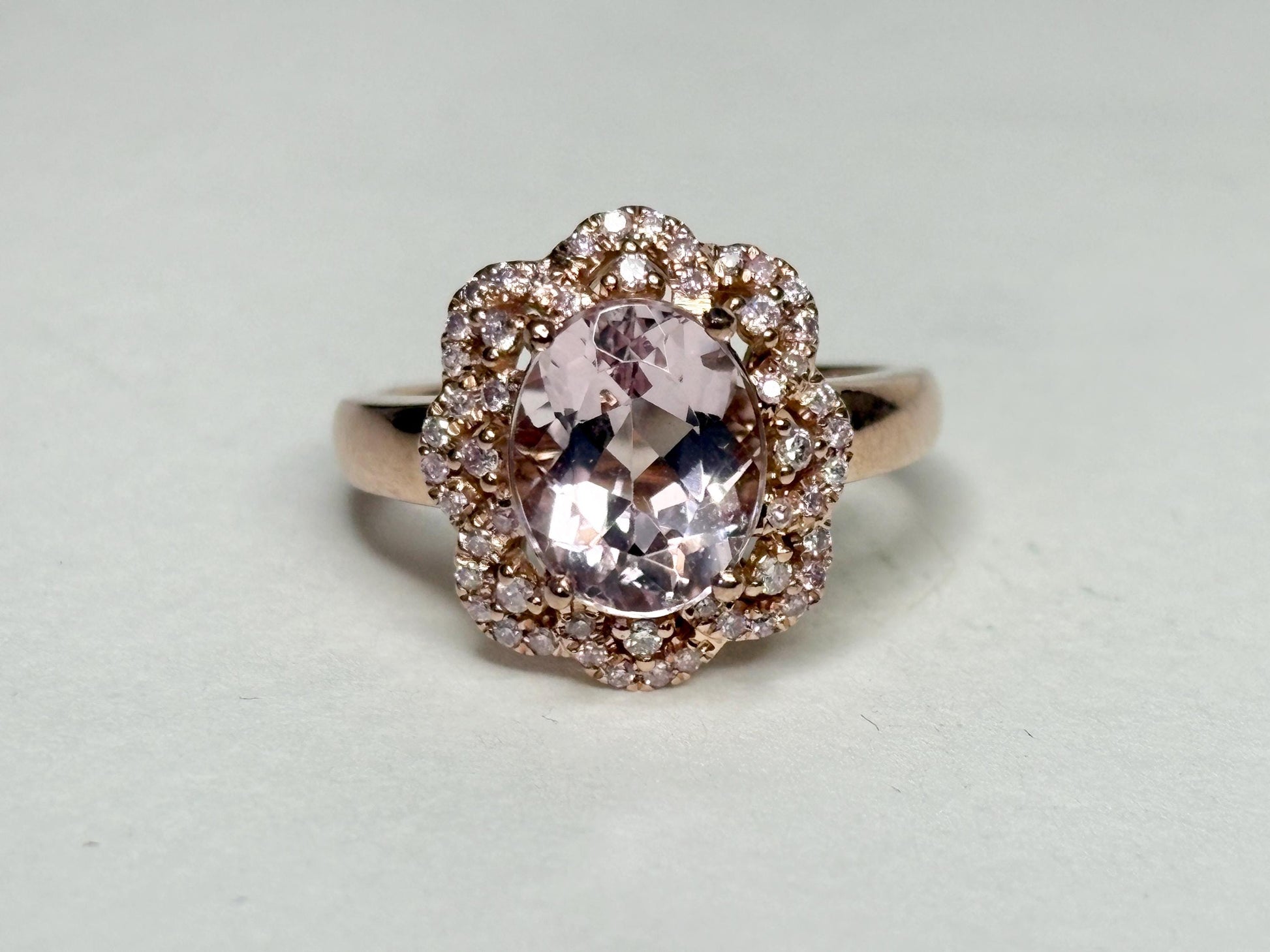 Morganite and Natural Pink Diamond Ring Solid 14k Rose Gold size 6.75 - NewLifeJewelryVault