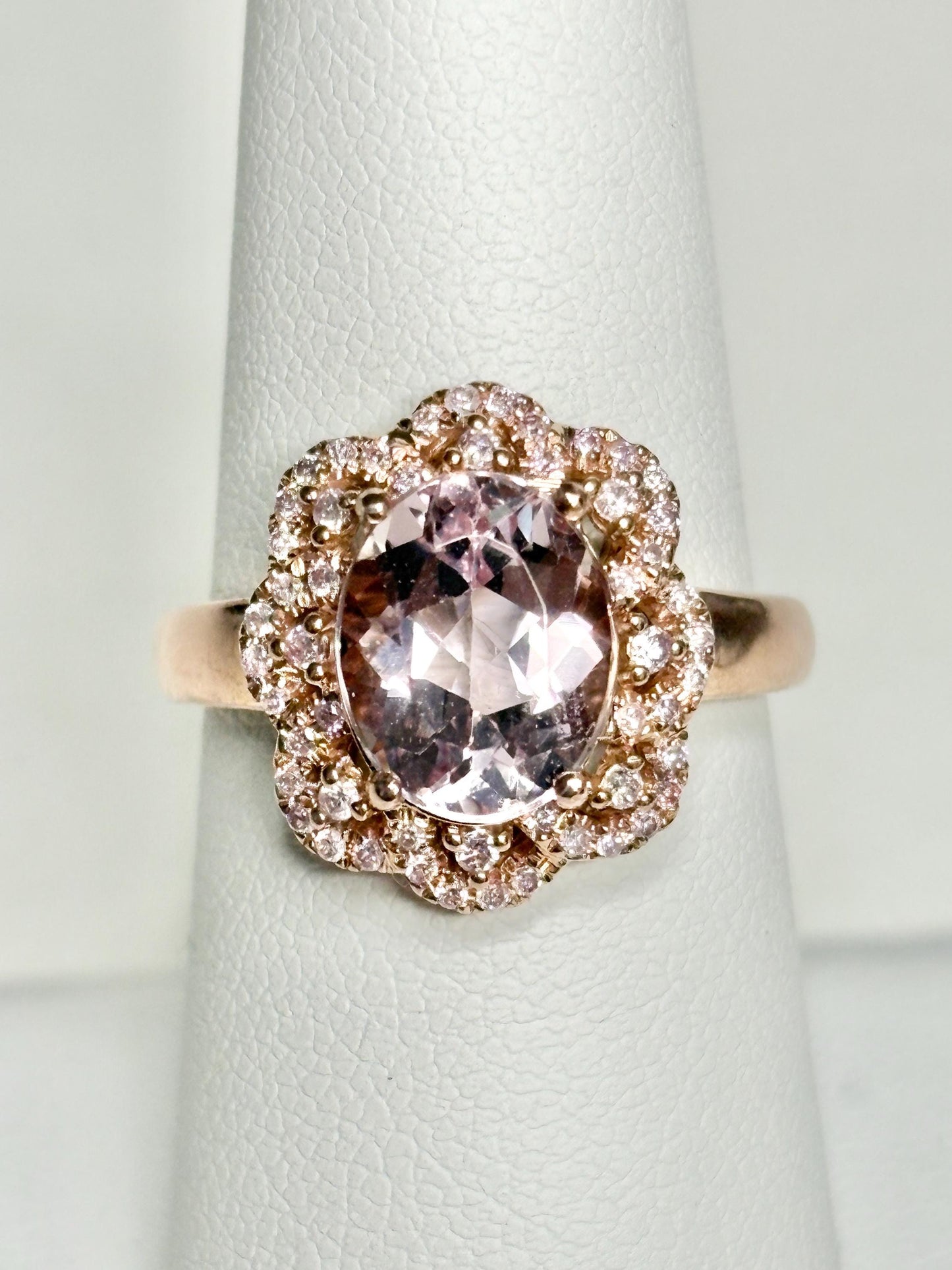 Morganite and Natural Pink Diamond Ring Solid 14k Rose Gold size 6.75 - NewLifeJewelryVault