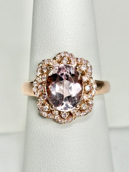 Morganite and Natural Pink Diamond Ring Solid 14k Rose Gold size 6.75 - NewLifeJewelryVault